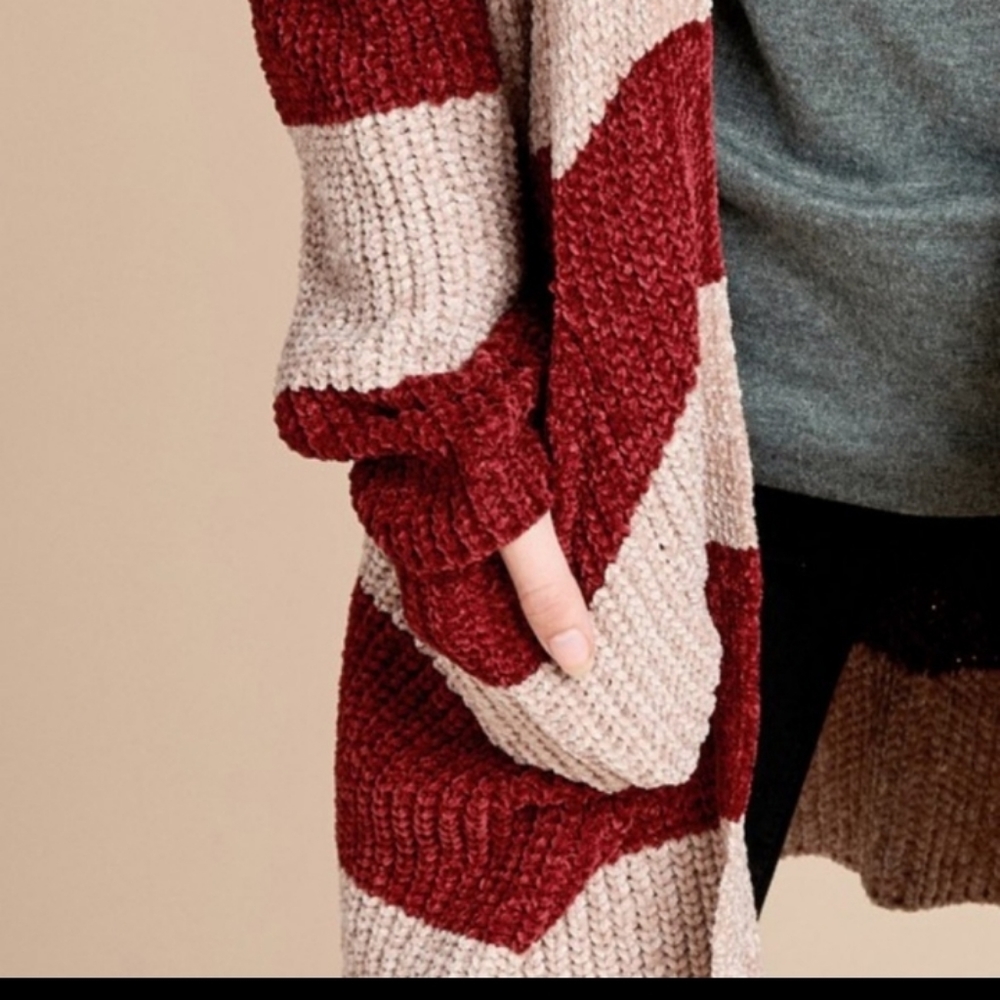 ODDY Taupe/Burgundy Stripe Cardigan Sweater - Picture 8 of 11